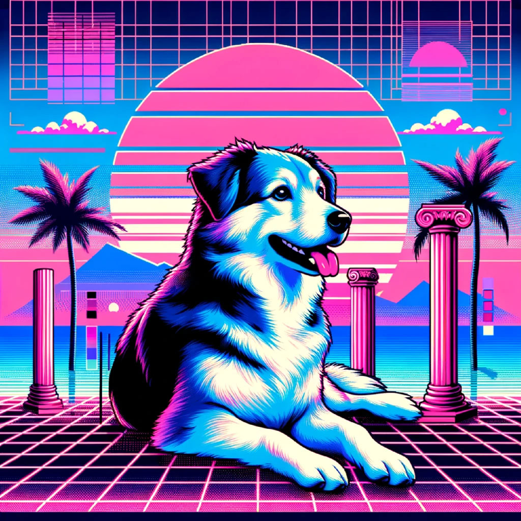 A dog's face with neon colors and a purple moon behind it