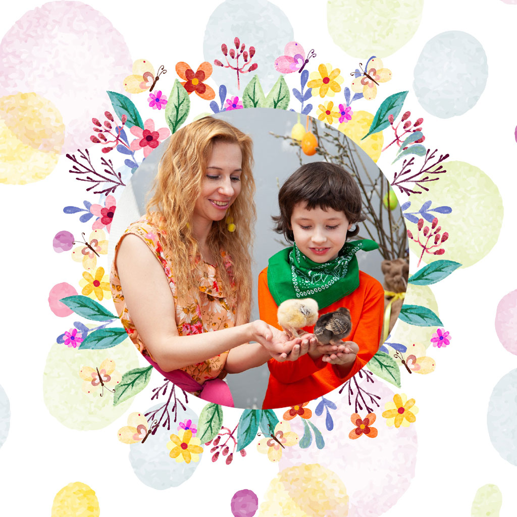 A woman and a boy holding birds in their hands, surrounded by colorful flowers and leaves.