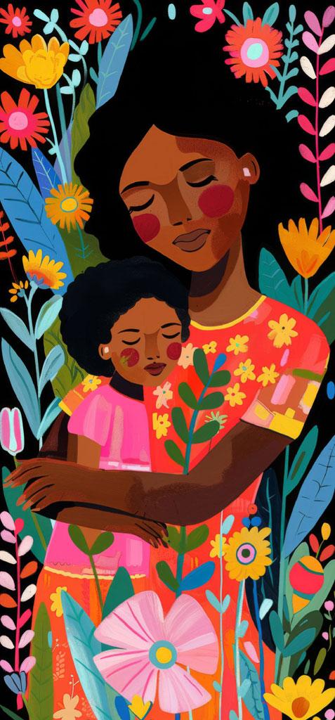Illustration of a mother and child embracing, surrounded by colorful flowers