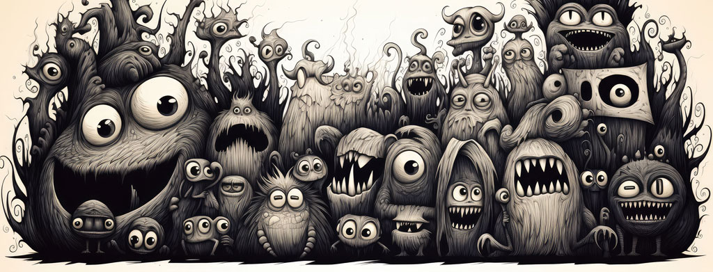 Black and white illustration of numerous monsters with different facial expressions