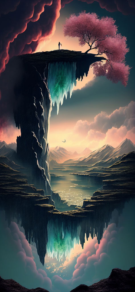 A surreal landscape with a person on a cliff edge, a tree, and a mirrored lake below.