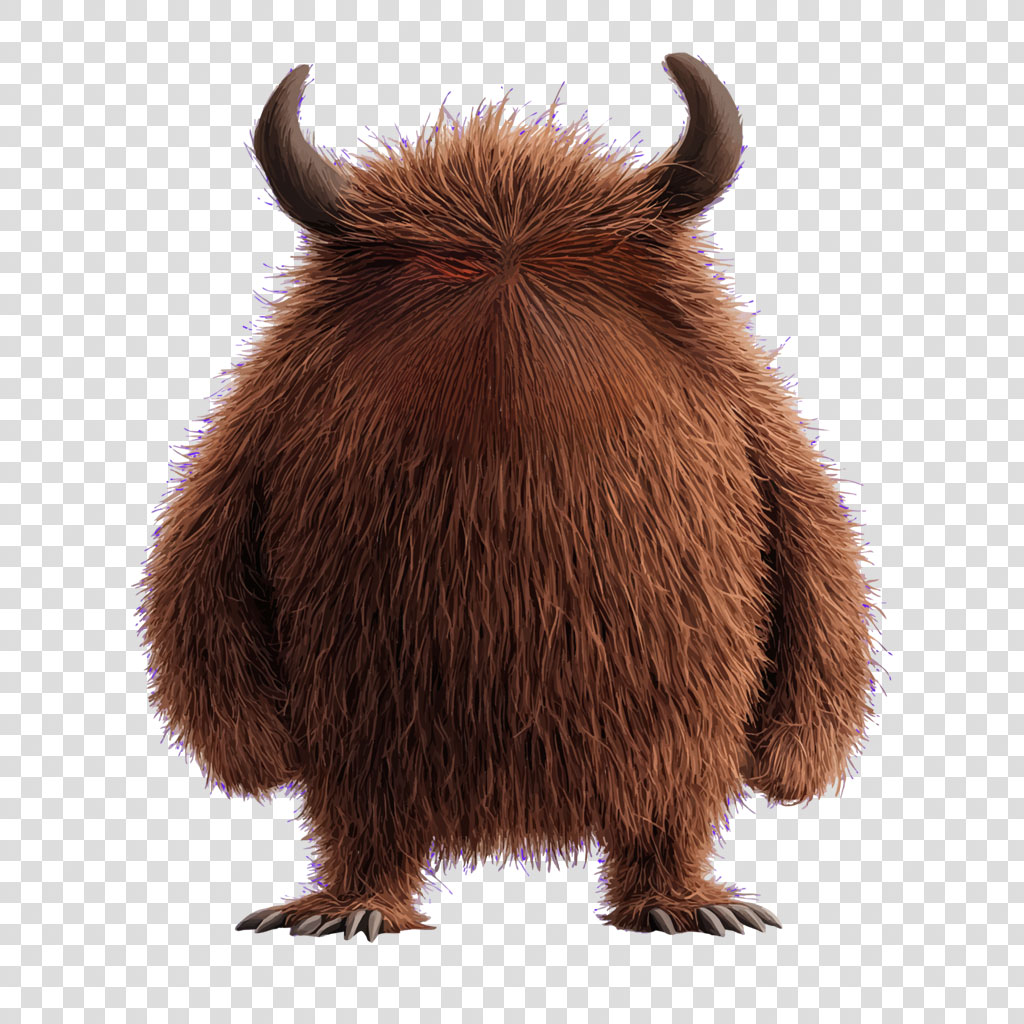 A brown, furry monster with horns and sharp claws standing on its hind legs