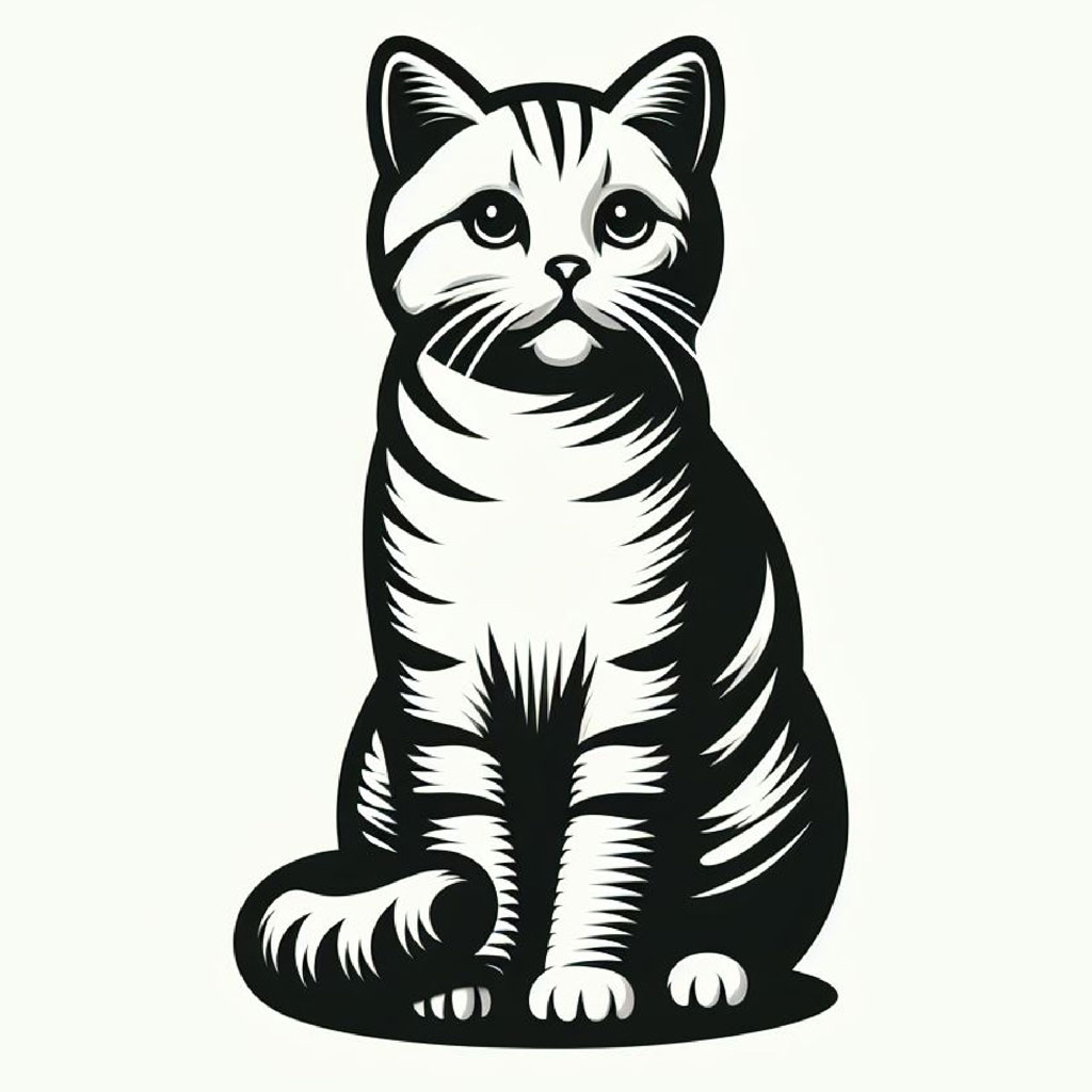 A stylized black and white illustration of a cat's face