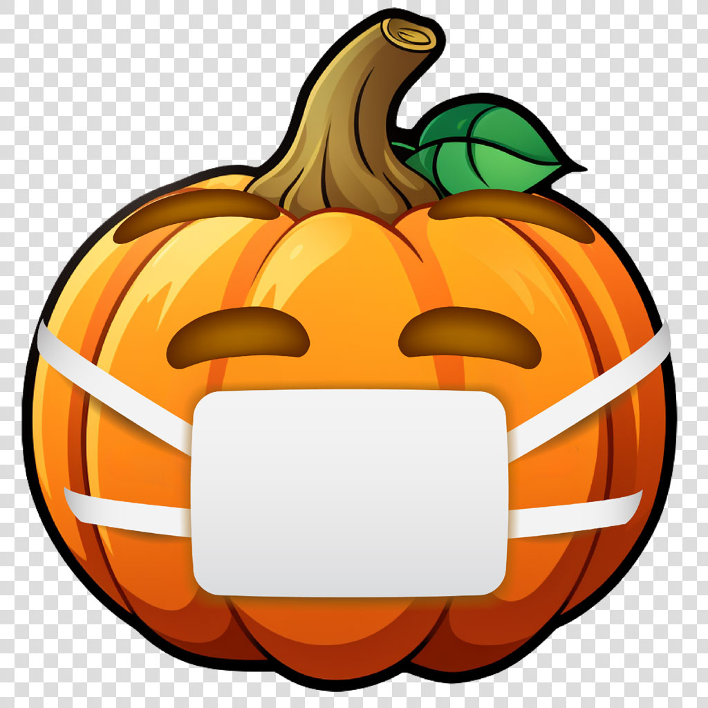 A cartoon pumpkin with a face mask