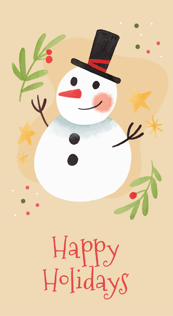 Cartoon snowman with a black top hat and red ribbon, surrounded by mistletoe and stars.