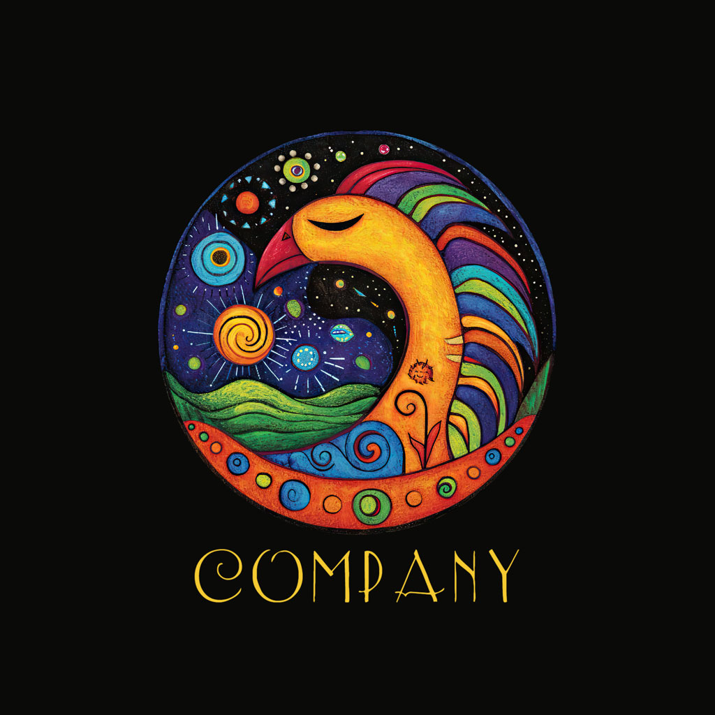 Company logo with a stylized bird in a vibrant, starry universe