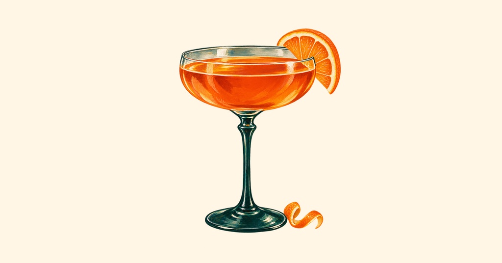 A minimalist orange cocktail in a stemmed glass with an orange slice on a light background.