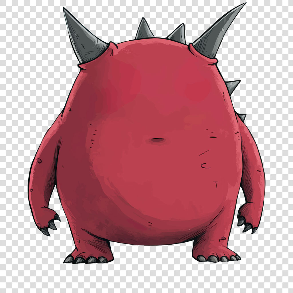 Red cartoon monster with spikes on its back and sharp claws.