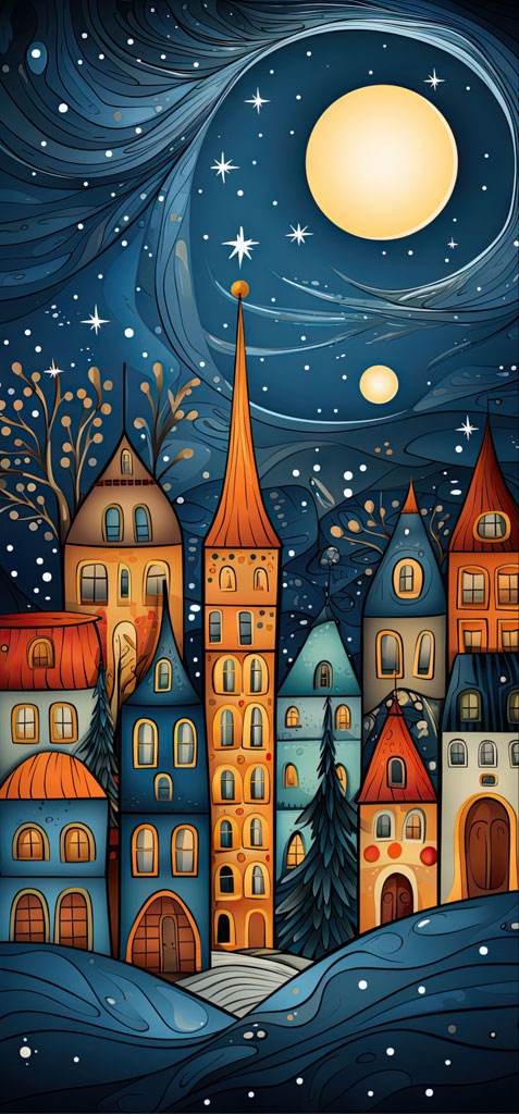 Illustration of a village with tall, colorful buildings and a large moon in the sky