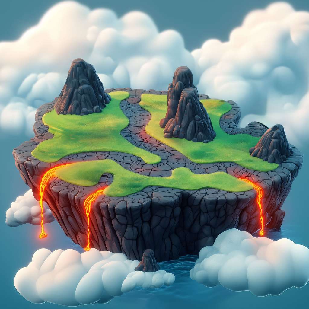 A 3D illustration of a floating island with rocky terrain, green grass, and lava flows.