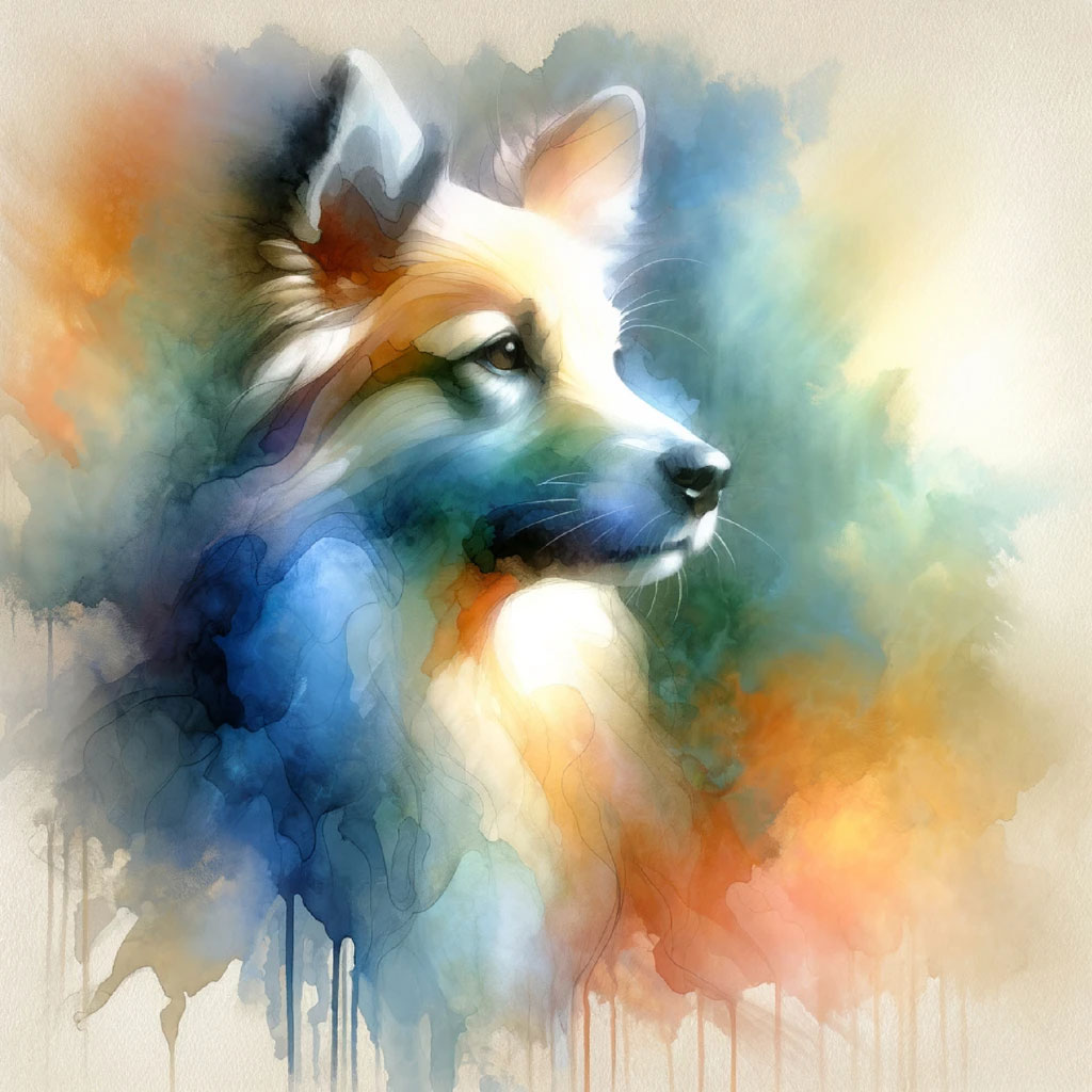 Watercolor painting of a dog's head with blue, orange, and yellow splashes
