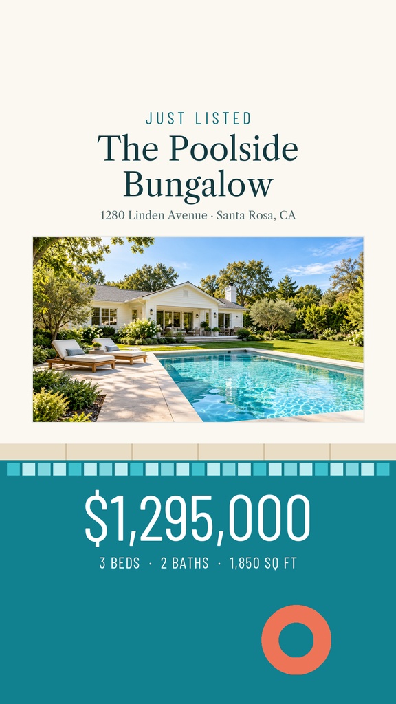 Real estate Instagram story template showing a bungalow with a pool and a just listed price layout