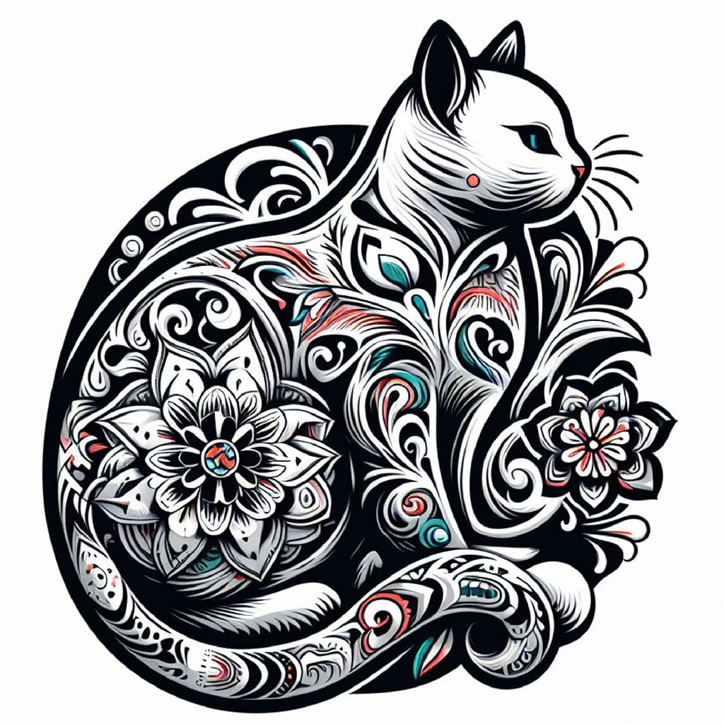 Colorful cat with sugar skull face design and roses around it