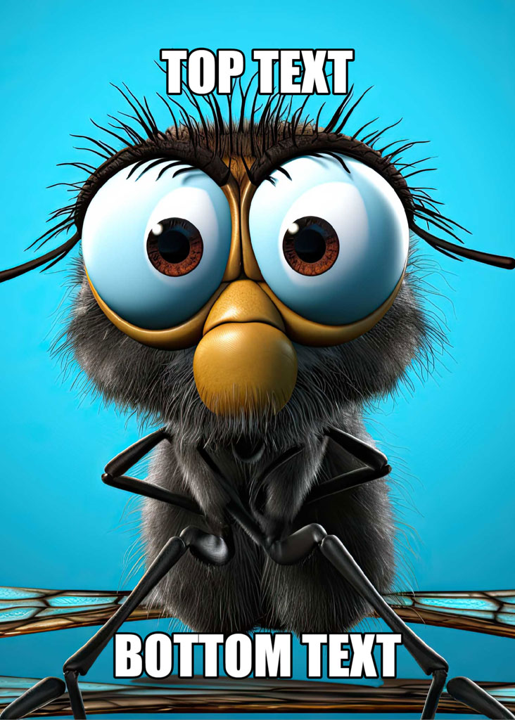 A cartoon fly with large eyes and a humorous expression against a blue background