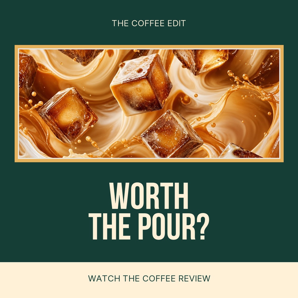 Square coffee review post with iced coffee cubes swirling in caramel-colored liquid and bold text.