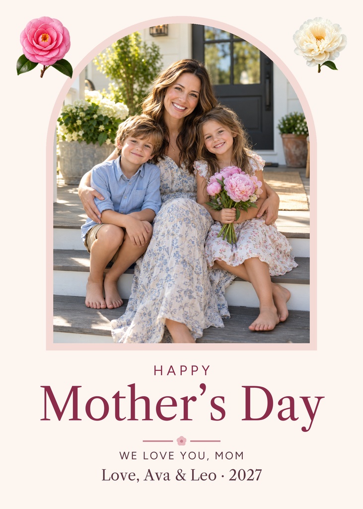 Mother's Day portrait card with a smiling mother and two children and floral accents