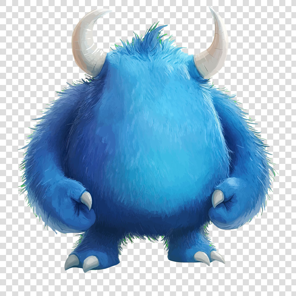 A blue furry monster with large white horns and sharp claws standing on a white background.