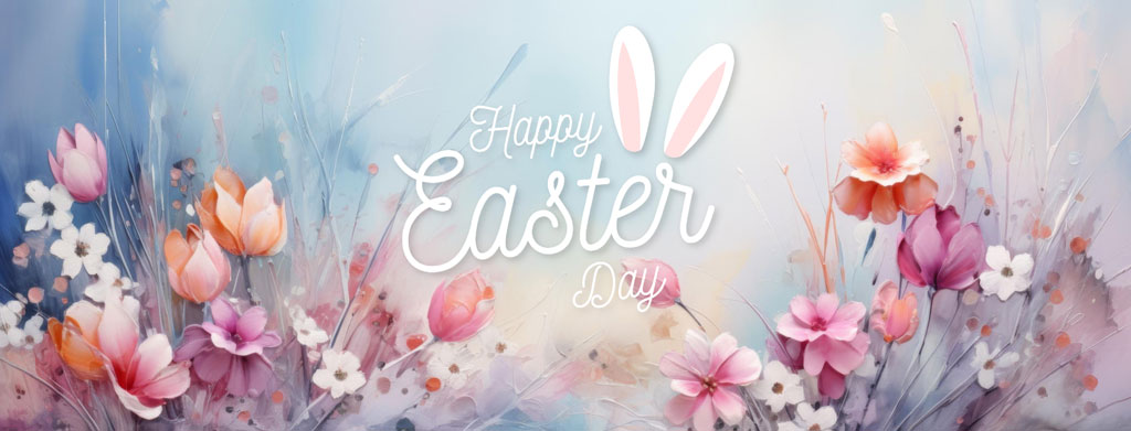 Happy Easter Day with pastel flowers and bunny ears