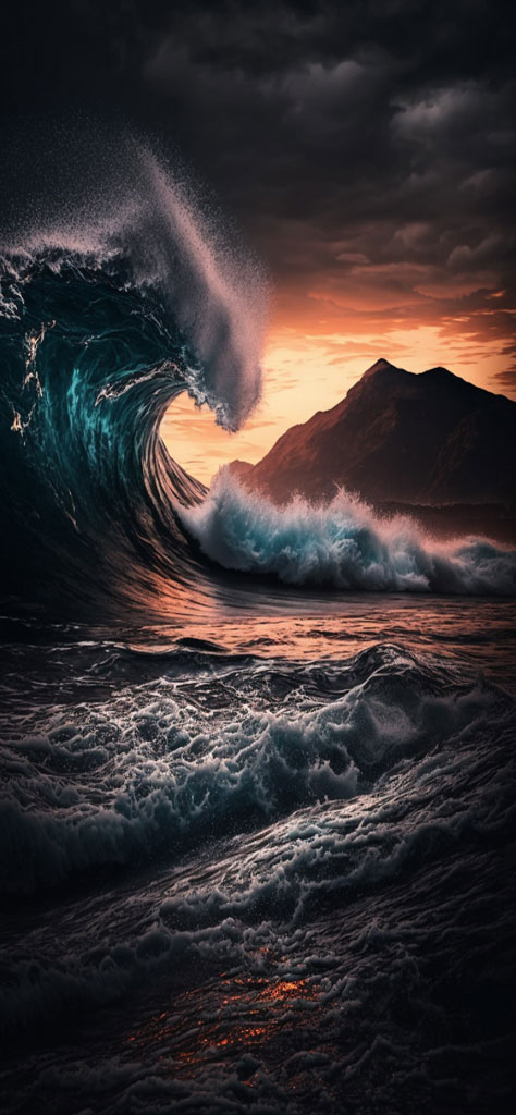 A large wave about to break with a mountain in the background at sunset