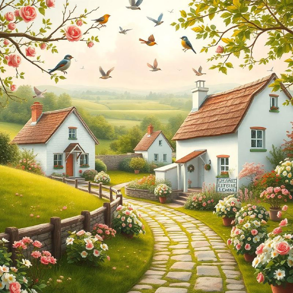 A picturesque village with white houses, red roofs, and a stone pathway surrounded by flowers and birds.