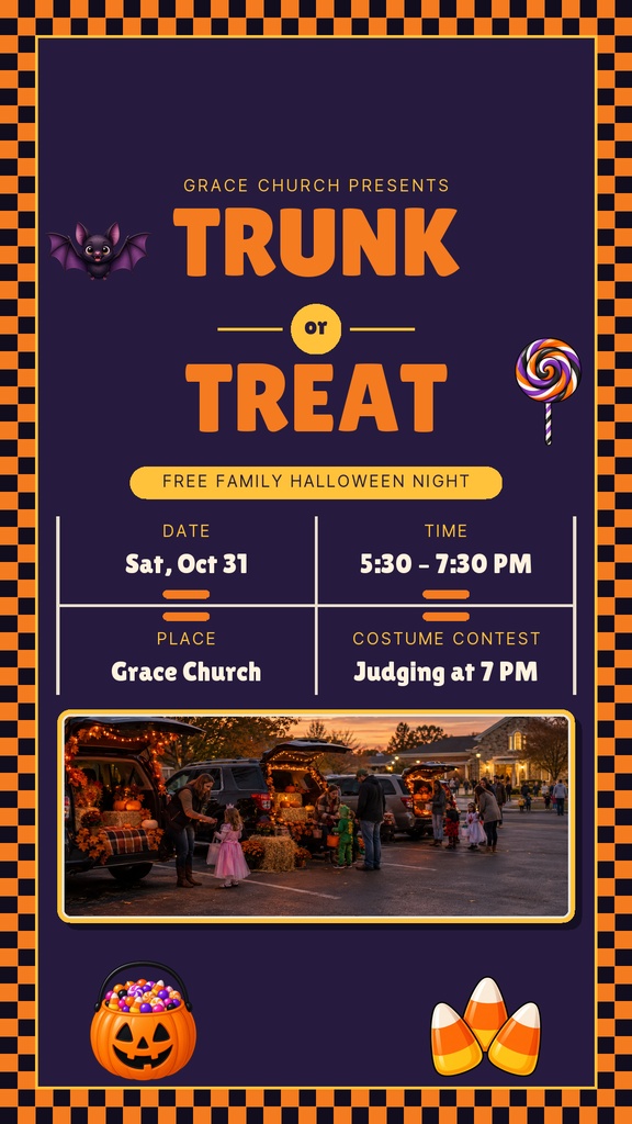 Vertical Halloween event flyer with orange and purple text, candy icons, and a trunk or treat night photo.