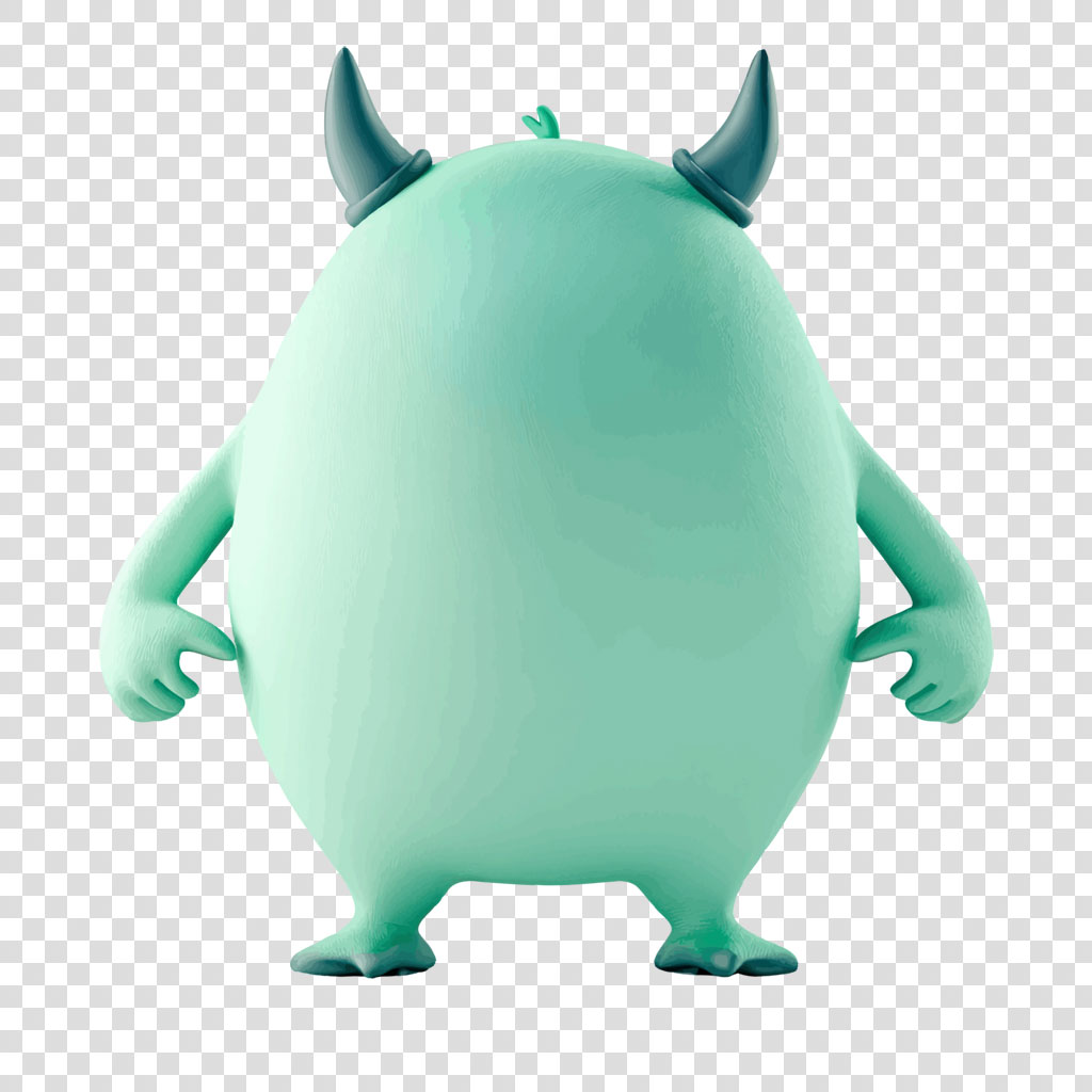 A cartoon monster with a round, green body and two small horns.