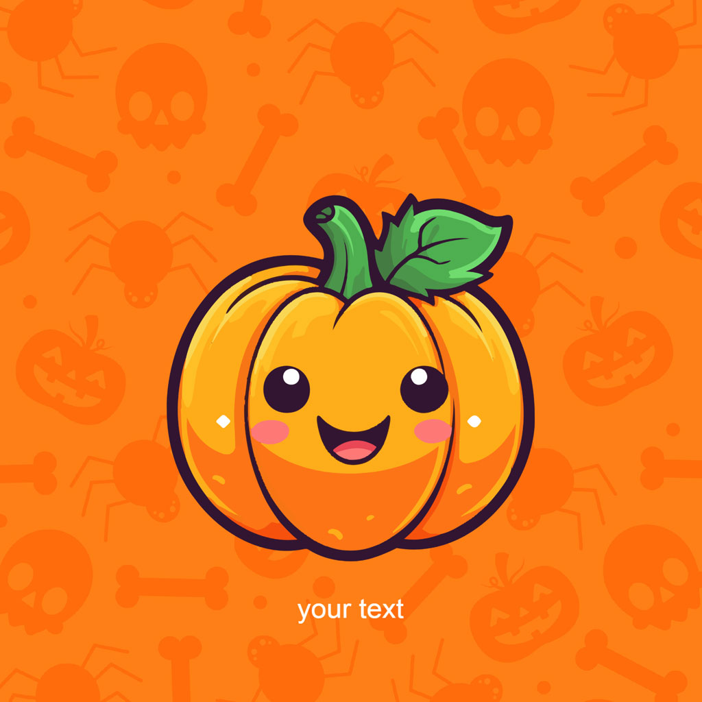 Cartoon pumpkin with a smiling face on an orange background with Halloween-themed icons.