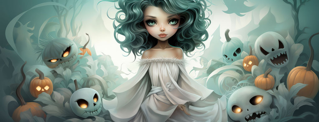 A girl with curly green hair and a white dress surrounded by ghostly figures and glowing pumpkins.