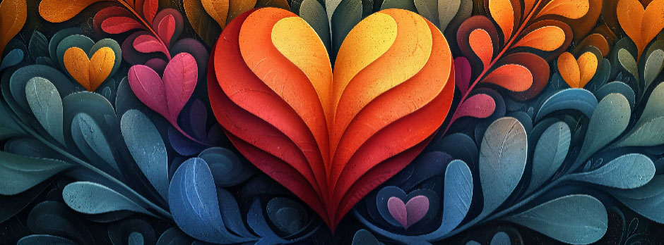A large, layered heart in shades of red and orange is centered among variously colored leaves and smaller hearts.