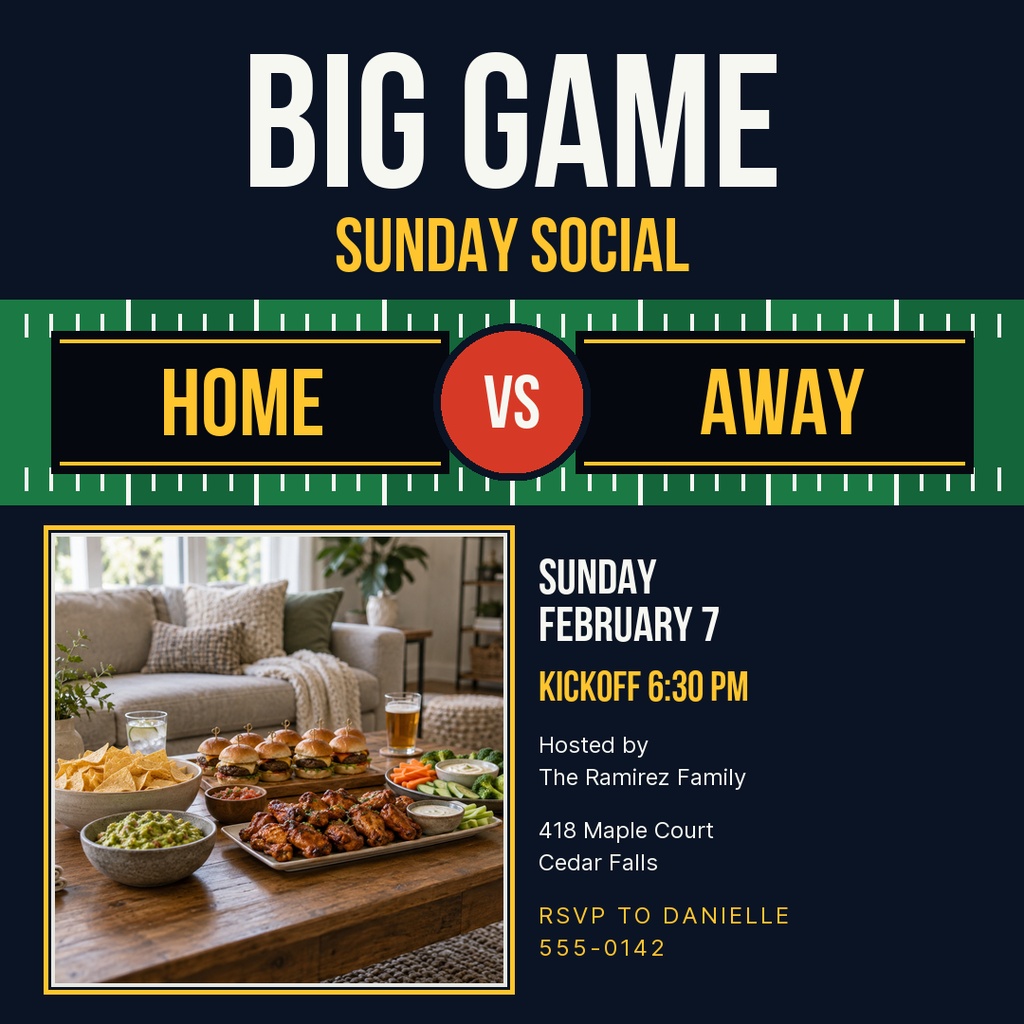 Square football party template with Home vs Away banner and game day event details.