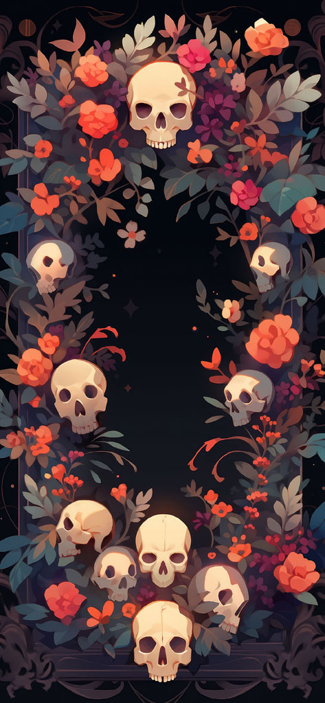 An illustration of a floral border with skulls on a dark background
