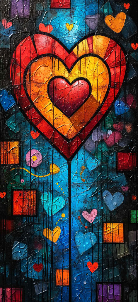 A large heart surrounded by smaller hearts and shapes in various colors.