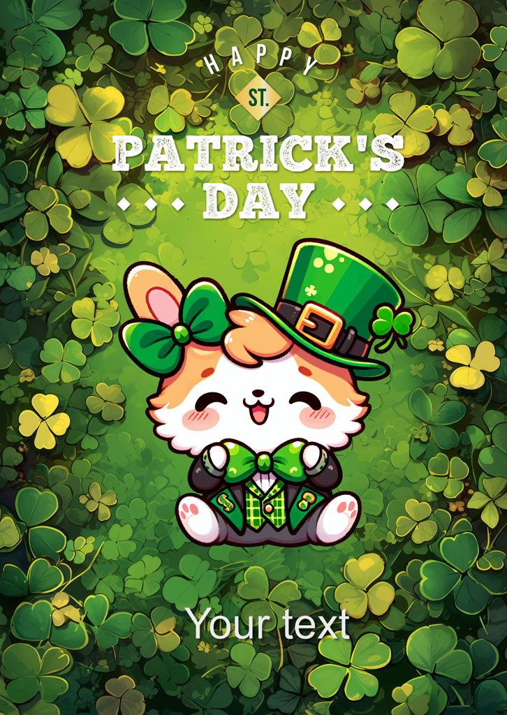 Cartoon cat in green attire and hat surrounded by shamrocks