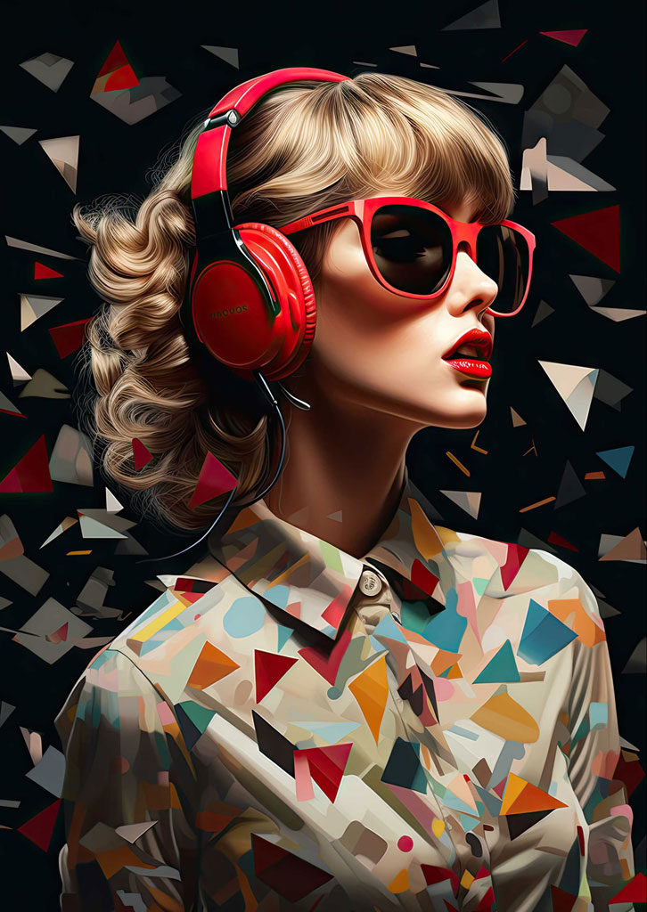 Woman in red headphones and sunglasses against a geometric background