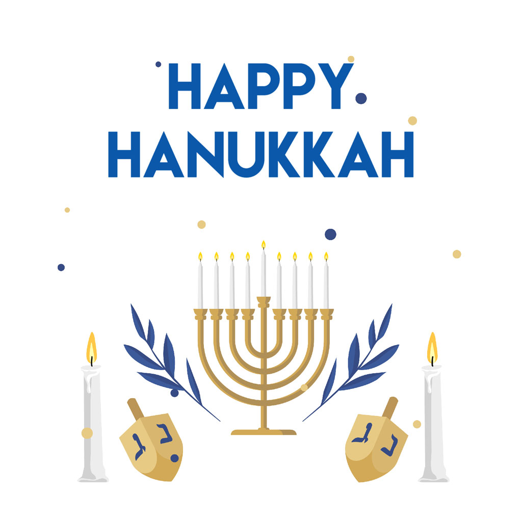 Hanukkah greeting with menorah and dreidels