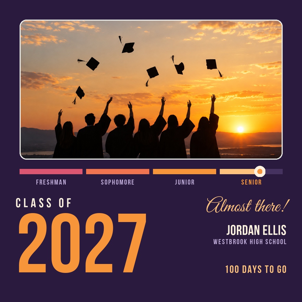 Silhouetted graduates throw caps at sunset above a Class of 2027 countdown design.