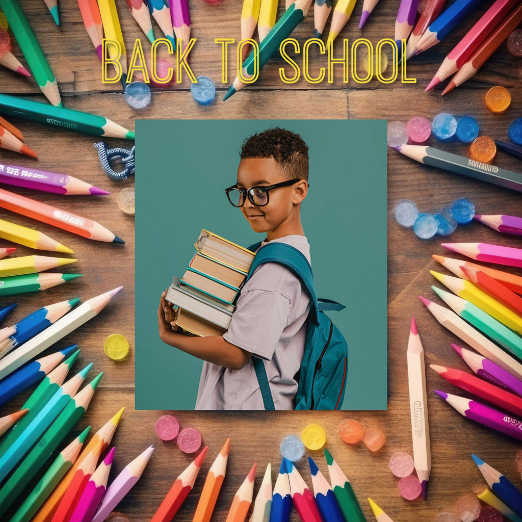 Young boy with backpack and books