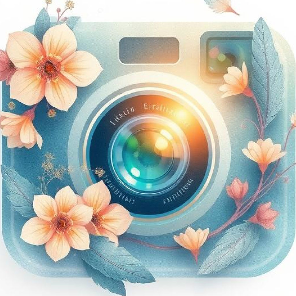 A blue camera with a floral design