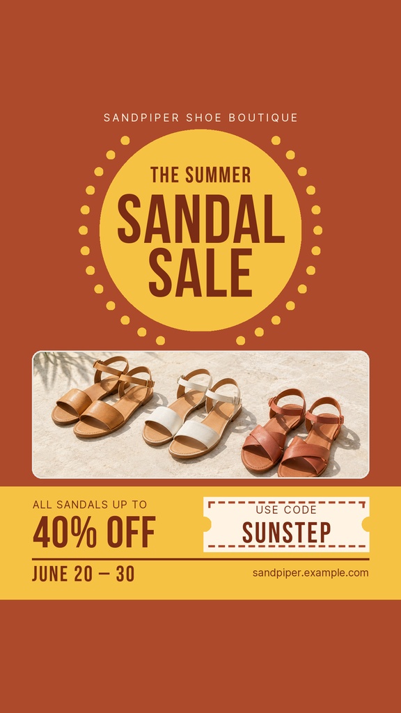 Instagram story design for a summer sandal sale with sandals, discount text, and sale details.