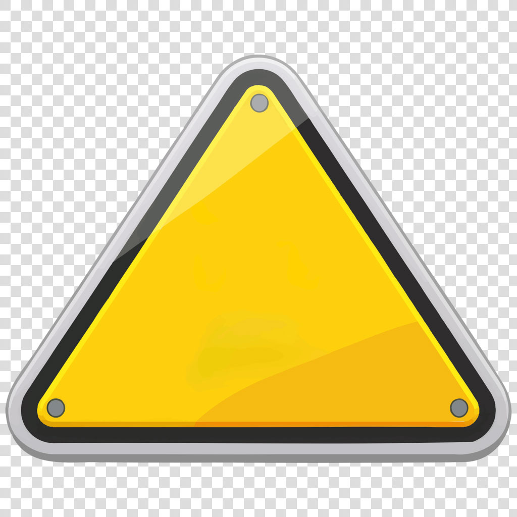 Yellow warning triangle sign with black border and silver frame