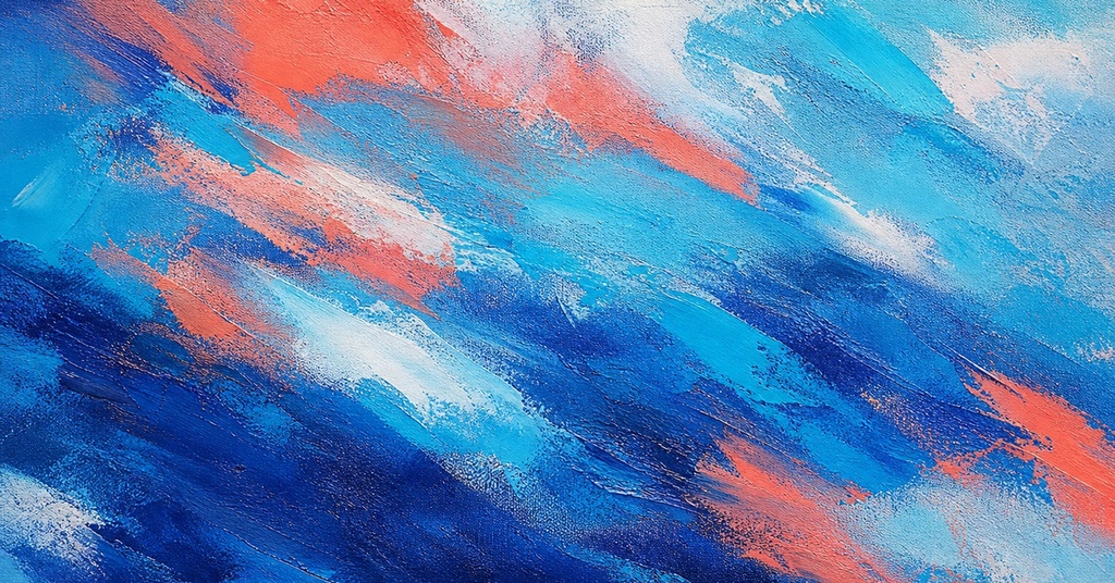 Abstract blue and coral brush strokes forming a textured landscape-style background