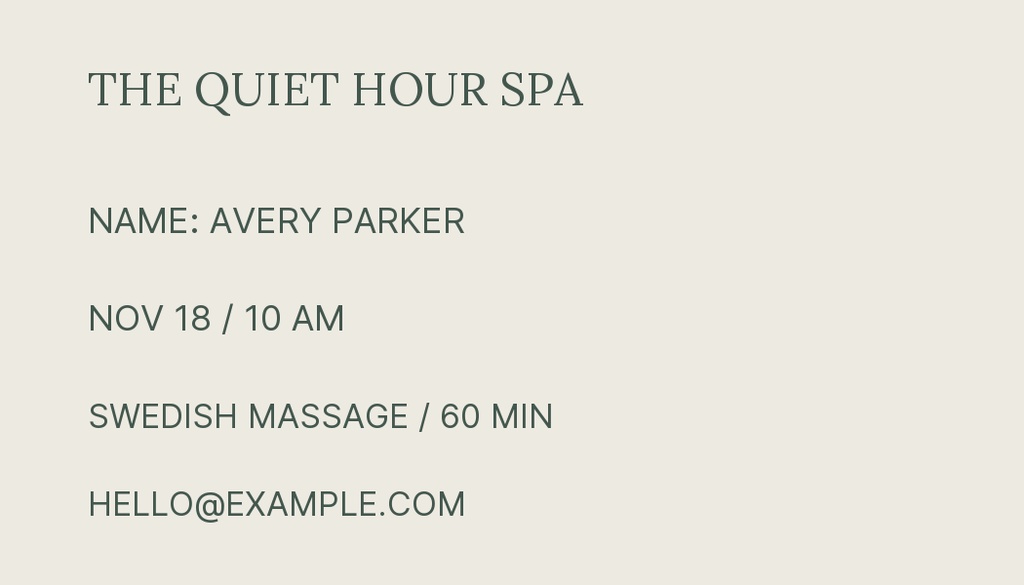 Preview for The Quiet Hour Spa Appointment Card Template