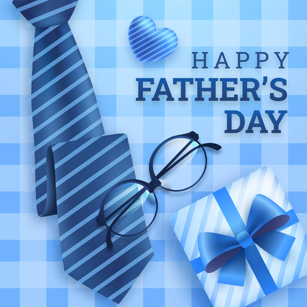Father's Day greeting with tie, glasses, and gift