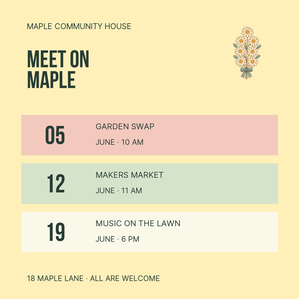 Square event post with Meet on Maple headline, three dated community activities, and a small flower illustration.