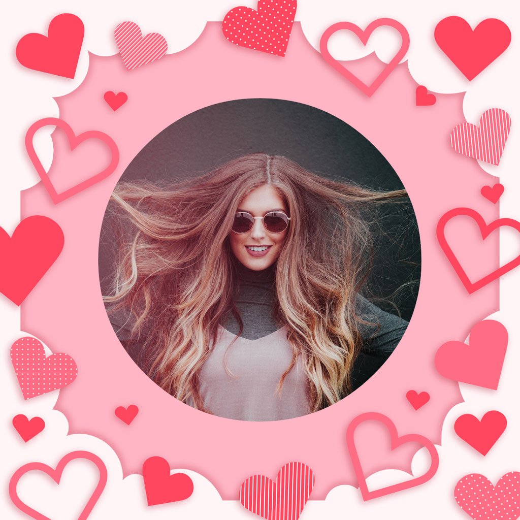 Woman with long blonde hair and sunglasses surrounded by pink hearts