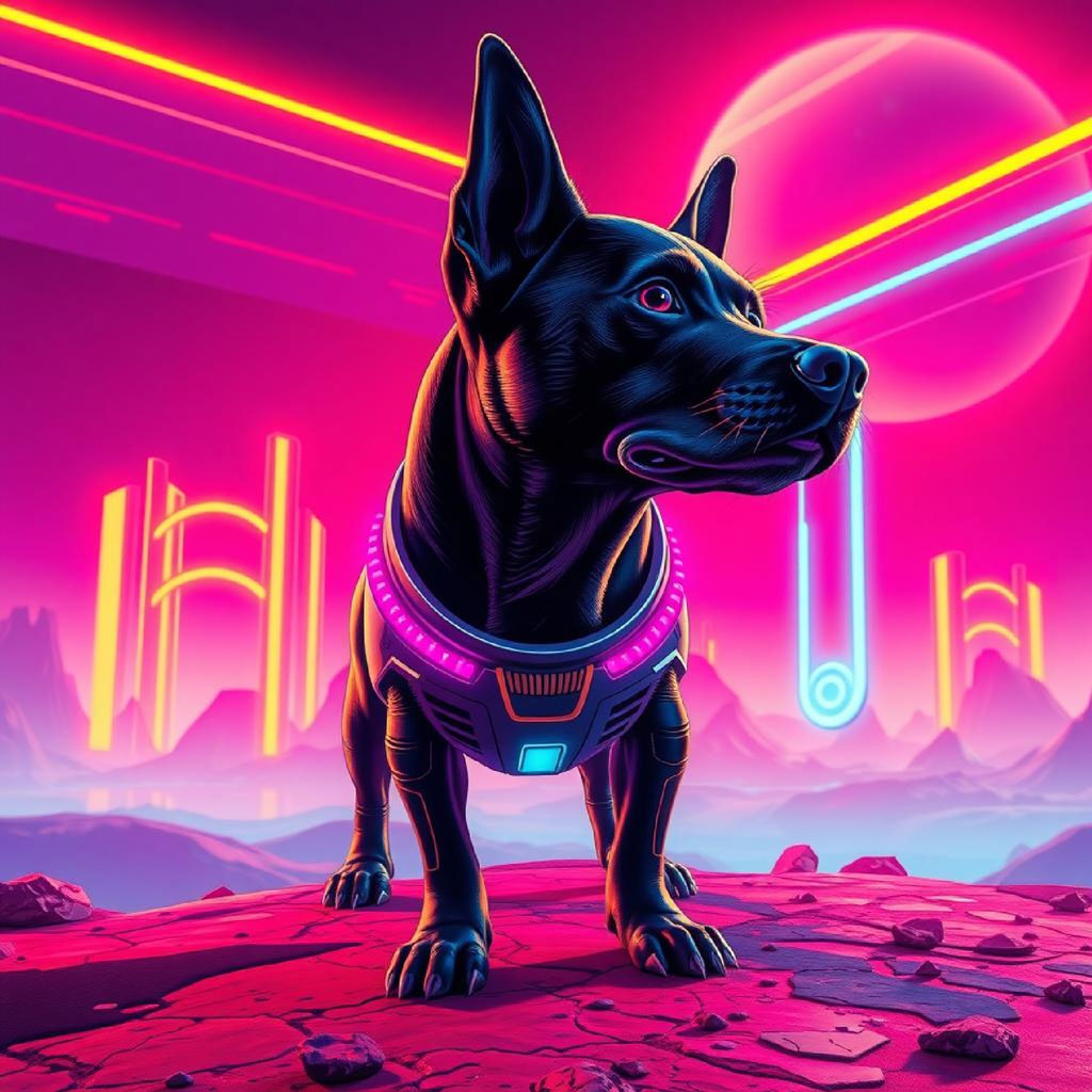 Futuristic cityscape with neon lights and distant moon