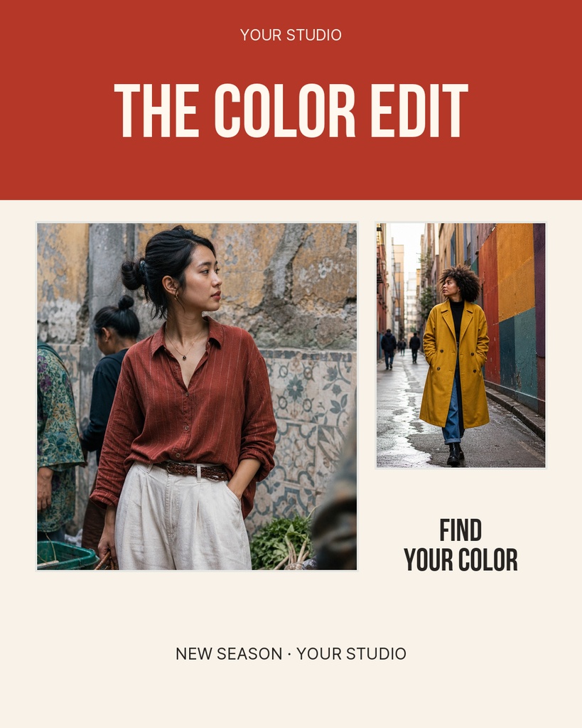 Portrait feed post template with two fashion photos, red header, and the text The Color Edit.