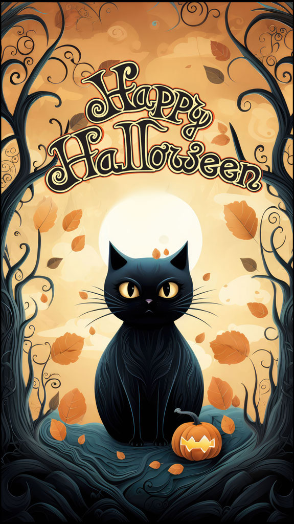 A black cat with yellow eyes beside a glowing pumpkin under a full moon.