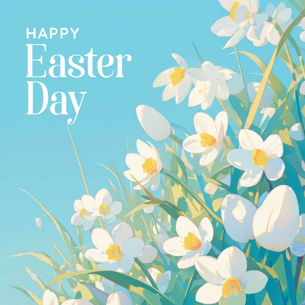 Illustration of white flowers with 'Happy Easter Day' text
