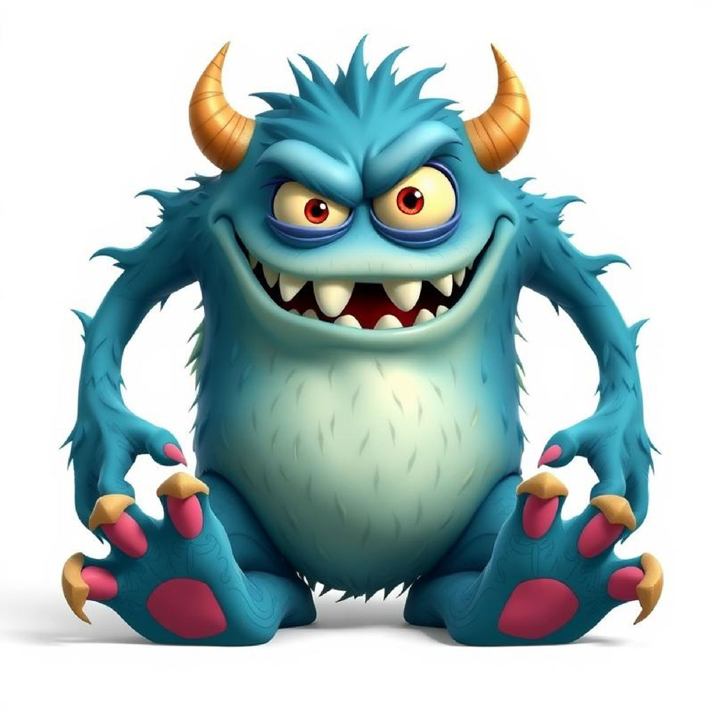 A blue cartoon monster with yellow horns and sharp teeth